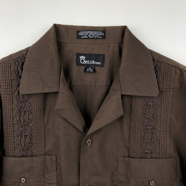 OMEGA FASHION Short-Sleeve Open Collar Mexican Shirt Cuban Shirt Men's Size L cotton brown type Vintage Second Hand