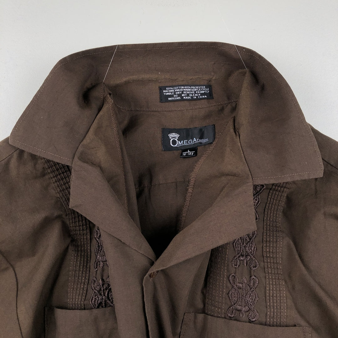 OMEGA FASHION Short-Sleeve Open Collar Mexican Shirt Cuban Shirt Men's Size L cotton brown type Vintage Second Hand