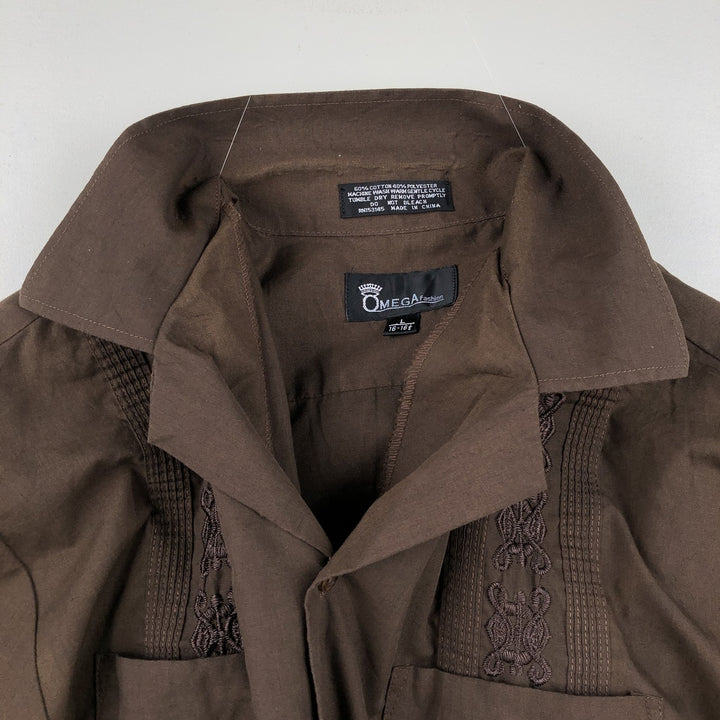 OMEGA FASHION Short-Sleeve Open Collar Mexican Shirt Cuban Shirt Men's Size L cotton brown type Vintage Second Hand