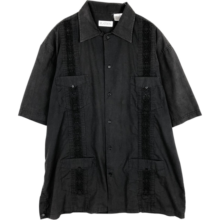 PLATOON Short Sleeve Mexican Shirt, Cuban Shirt, Box Shirt, Men's XL Size Rayon black type Vintage Second Hand