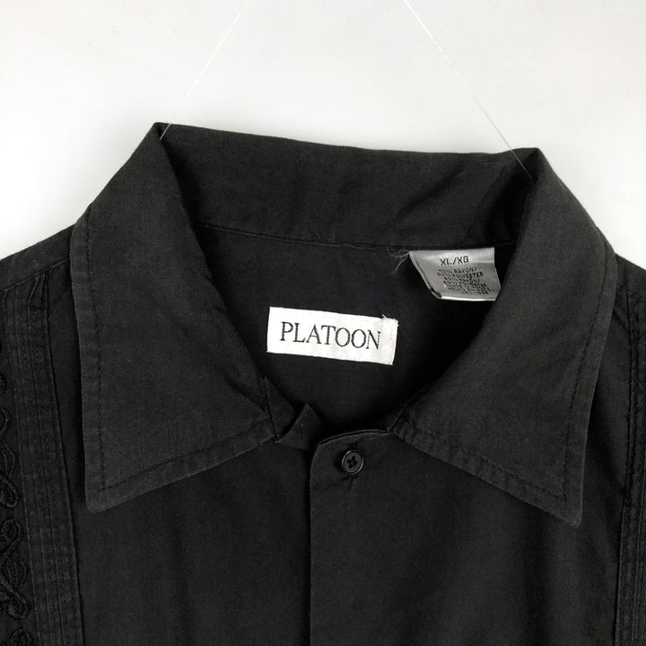 PLATOON Short Sleeve Mexican Shirt, Cuban Shirt, Box Shirt, Men's XL Size Rayon black type Vintage Second Hand