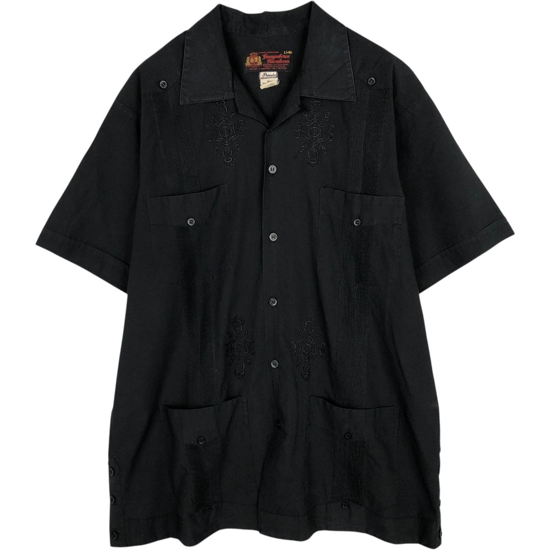 Guayaberas Yucatecas Short-Sleeve Open-Collar Mexican Shirt, Cuban Shirt, Boxy Shirt, Men's Size L polyester black type Vintage Second Hand