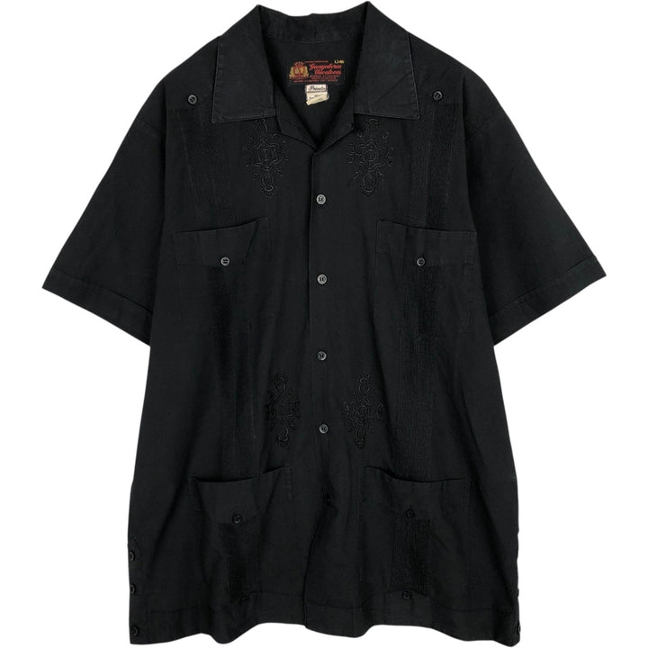 Guayaberas Yucatecas Short-Sleeve Open-Collar Mexican Shirt, Cuban Shirt, Boxy Shirt, Men's Size L polyester black type Vintage Second Hand