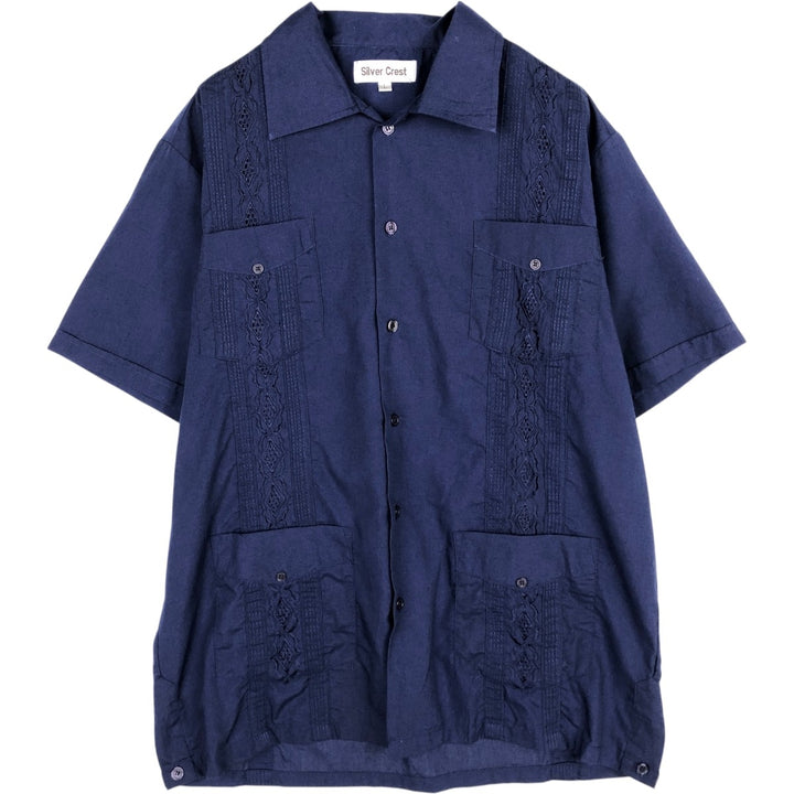 Silver Crest Short-Sleeve Mexican Shirt, Cuban Shirt, Boxy Shirt, Men's Size L (approx.) cotton navy blue type Vintage Second Hand