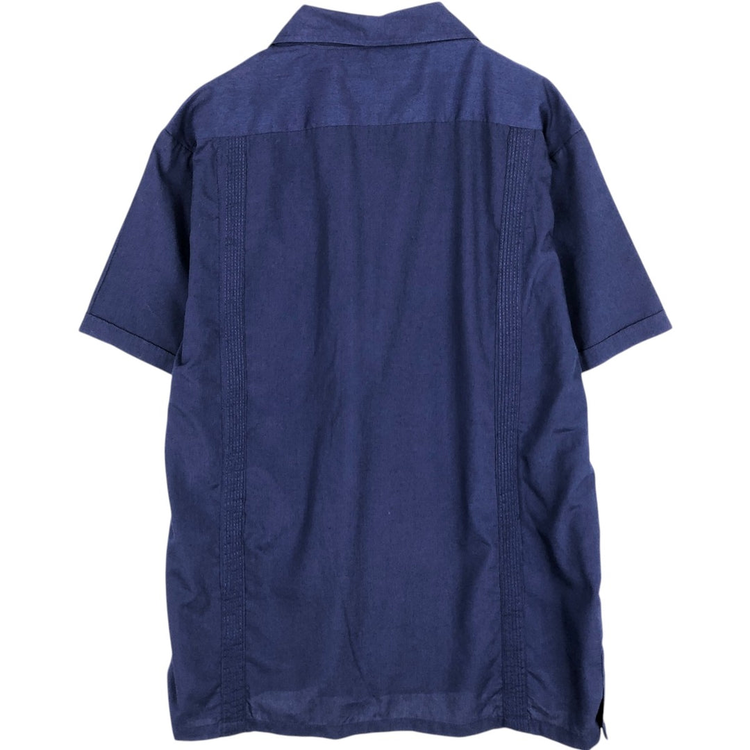 Silver Crest Short-Sleeve Mexican Shirt, Cuban Shirt, Boxy Shirt, Men's Size L (approx.) cotton navy blue type Vintage Second Hand
