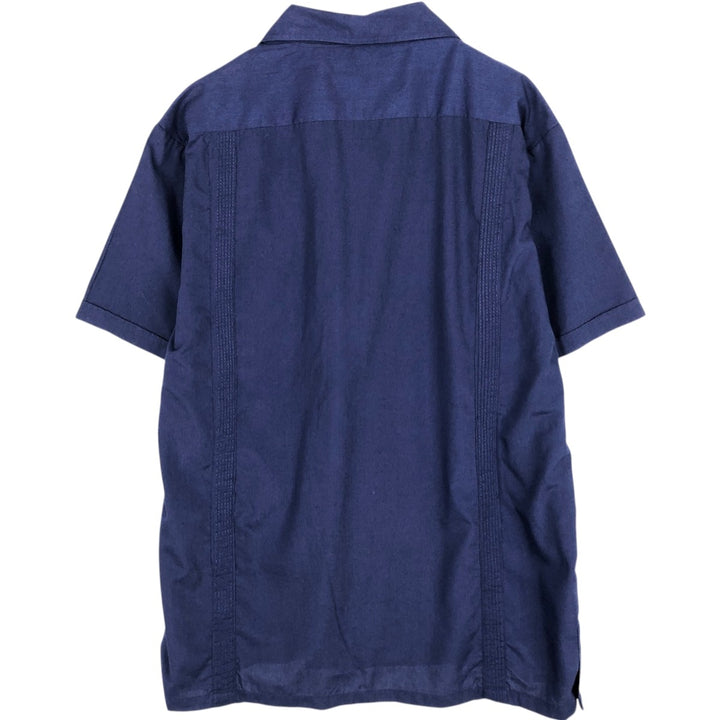 Silver Crest Short-Sleeve Mexican Shirt, Cuban Shirt, Boxy Shirt, Men's Size L (approx.) cotton navy blue type Vintage Second Hand