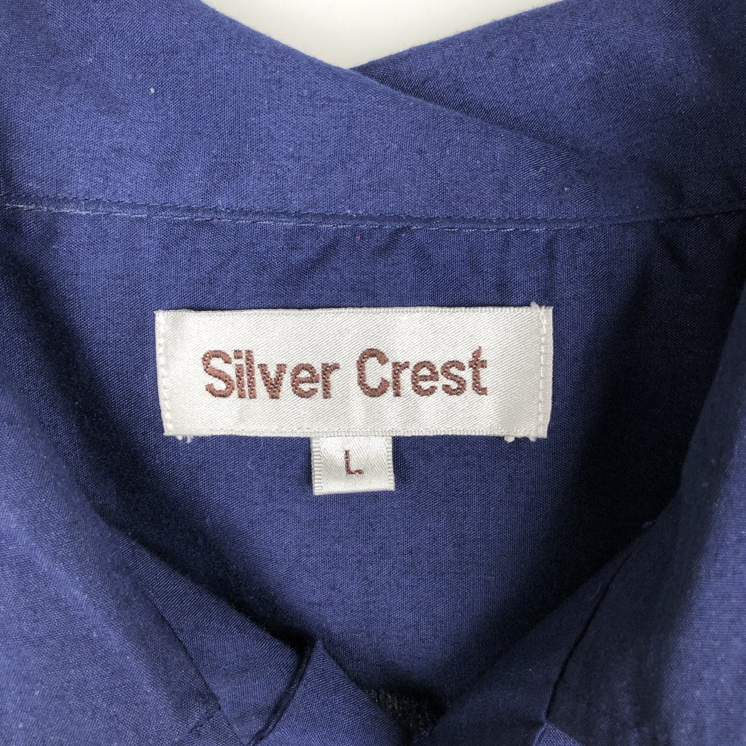 Silver Crest Short-Sleeve Mexican Shirt, Cuban Shirt, Boxy Shirt, Men's Size L (approx.) cotton navy blue type Vintage Second Hand