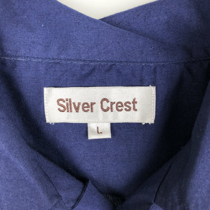 Silver Crest Short-Sleeve Mexican Shirt, Cuban Shirt, Boxy Shirt, Men's Size L (approx.) cotton navy blue type Vintage Second Hand