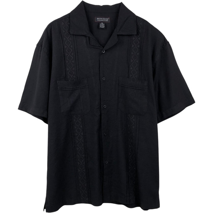 MONTAGE COLLECTION Short-Sleeve Open-Collar Mexican Shirt (Cuban Shirt) - Men's Size XL Rayon black type Vintage Second Hand