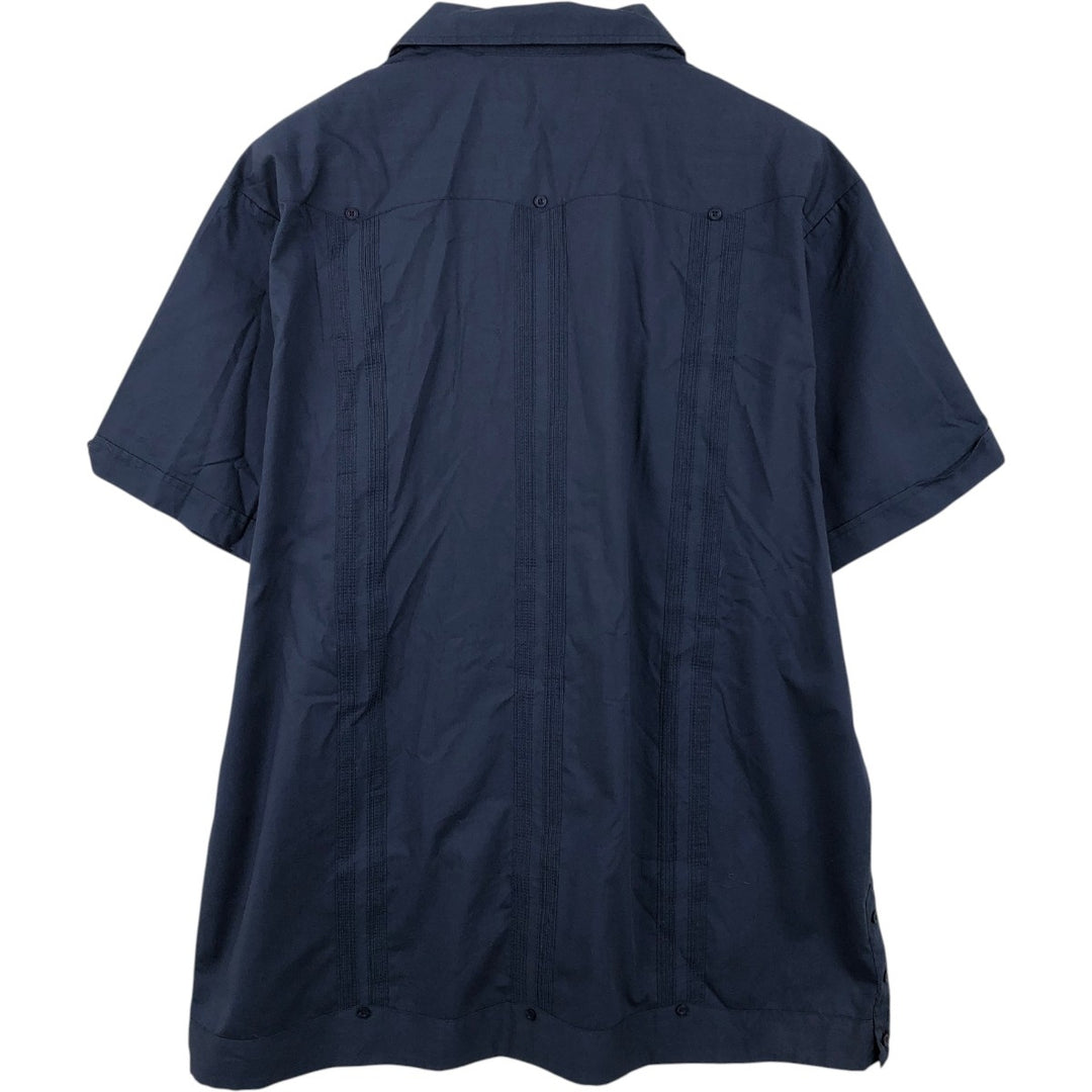 Cuvabera Short-Sleeve Open-Collar Mexican Shirt, Cuban Shirt, Boxy Shirt, Men's Size XL polyester Navy blue Vintage Second Hand
