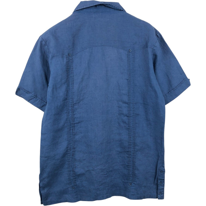 CUVABERA Short-Sleeve Open-Collar Mexican Shirt (Cuban Shirt Box Shirt) - Men's Size M (approx.) linen blue type Vintage Second Hand