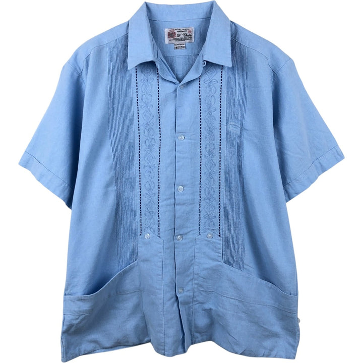 GUAYABERAS D'chable Short-Sleeve Open-Collar Mexican Shirt, Cuban Shirt, Boxy Shirt, Men's Size L Rayon Blue type light blue Vintage Second Hand