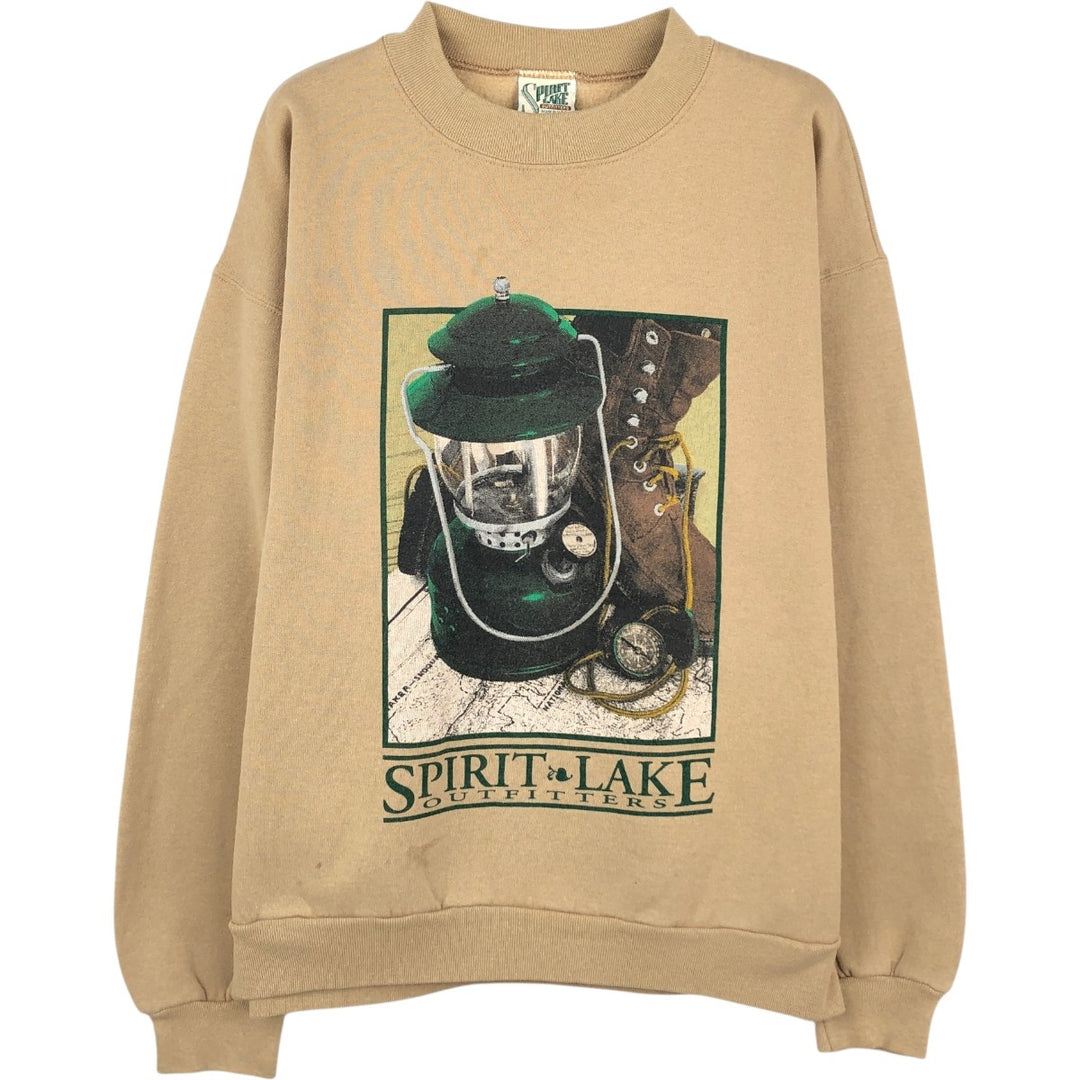 90'S Spirit Lake Outfitters Printed Sweatshirt, Made in USA, Men's Size M (Equivalent), Vintage cotton Beige type Vintage Second Hand