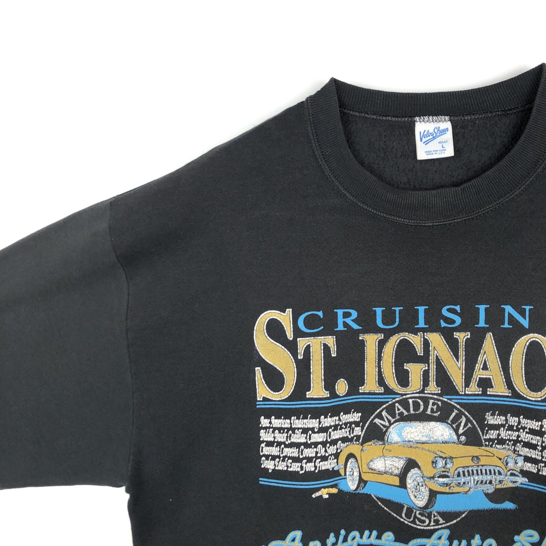 90'S Velva Sheen Printed Sweatshirt, Made in USA, Men's Size L (Equivalent), Vintage cotton black type Vintage Second Hand