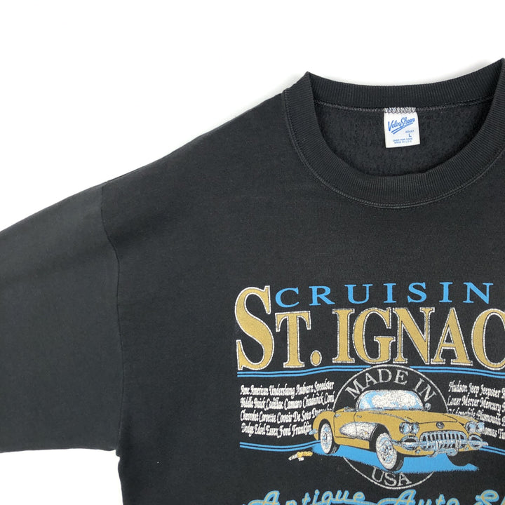 90'S Velva Sheen Printed Sweatshirt, Made in USA, Men's Size L (Equivalent), Vintage cotton black type Vintage Second Hand