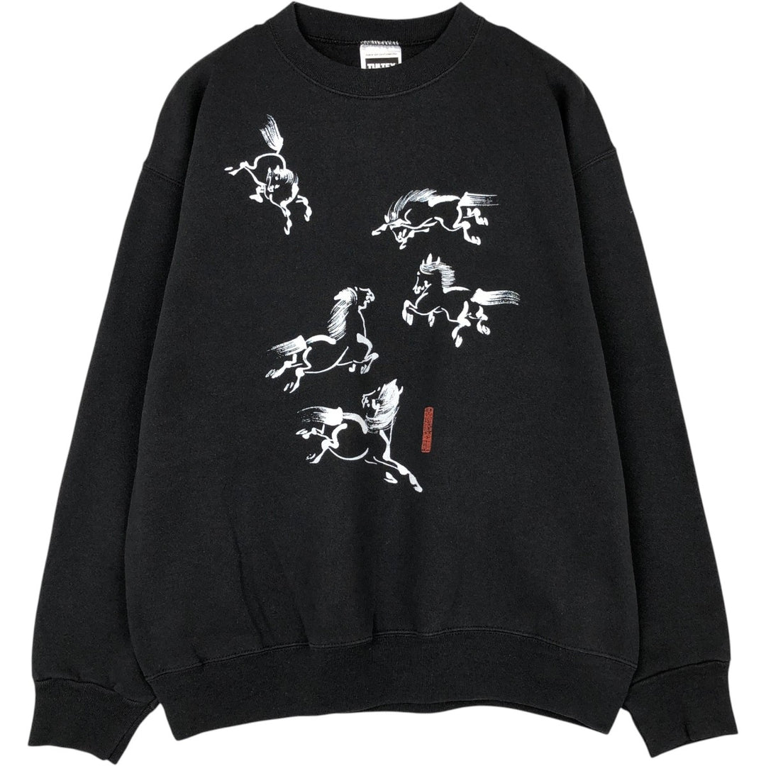 90'S TULTEX Japanese Pattern Horse Print Sweatshirt, Made in USA, Men's Size L (Equivalent), Vintage cotton black type Vintage Second Hand
