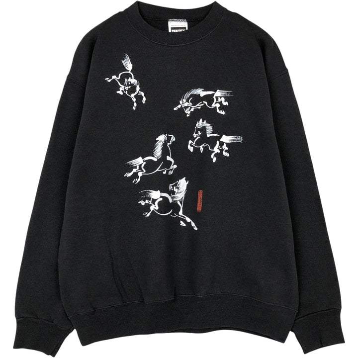 90'S TULTEX Japanese Pattern Horse Print Sweatshirt, Made in USA, Men's Size L (Equivalent), Vintage cotton black type Vintage Second Hand