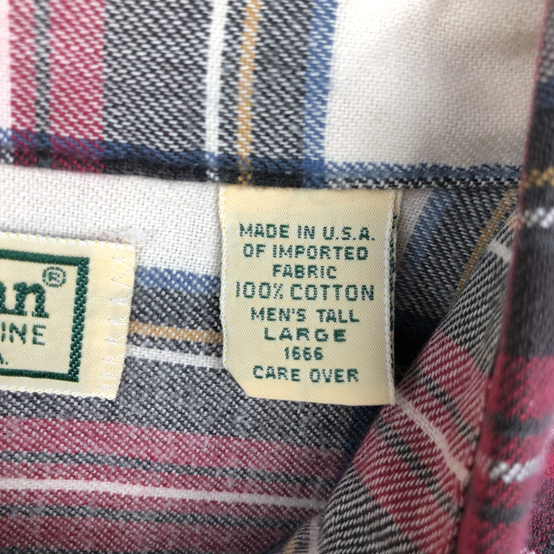 80s-90'S LL Bean Long-Sleeve Light Flannel Check Shirt, Made in USA, Men's Size L (Equivalent), Vintage cotton pink type Vintage Second Hand