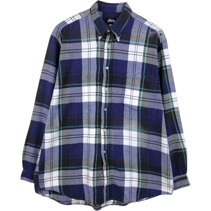 Stussy long-sleeved button-down light flannel check shirt, made in Australia, men's size L equivalent. cotton blue type Vintage Second Hand