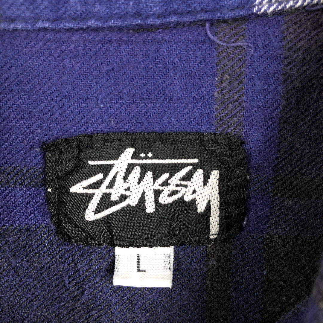 Stussy long-sleeved button-down light flannel check shirt, made in Australia, men's size L equivalent. cotton blue type Vintage Second Hand