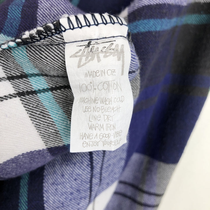 Stussy long-sleeved button-down light flannel check shirt, made in Australia, men's size L equivalent. cotton blue type Vintage Second Hand