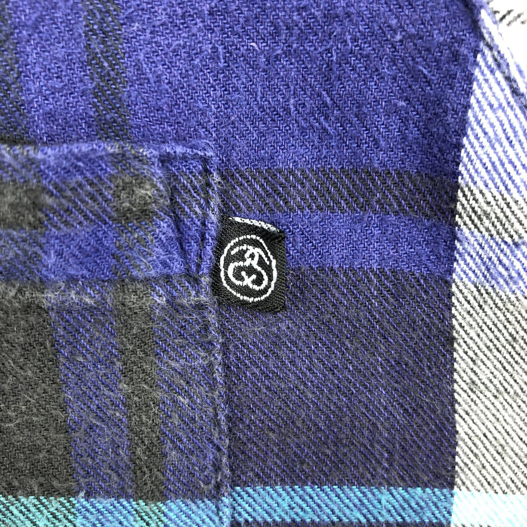Stussy long-sleeved button-down light flannel check shirt, made in Australia, men's size L equivalent. cotton blue type Vintage Second Hand