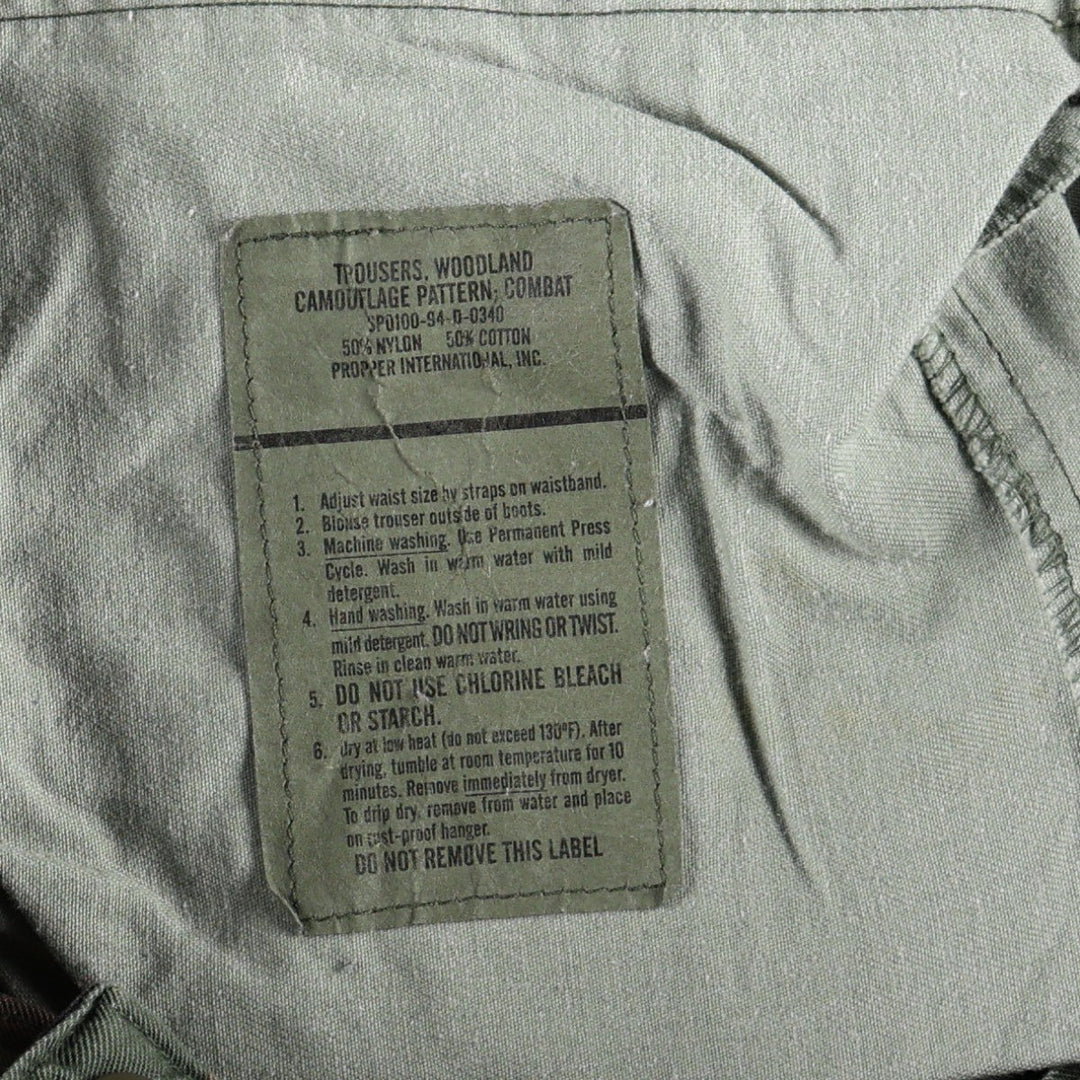 1990'S US Military Issue Camouflage Pattern Woodland Camo Military Cargo Pants, Made in USA, Medium-Regular, Vintage, Men's W35 equivalent. Nylon Khaki type Vintage Second Hand