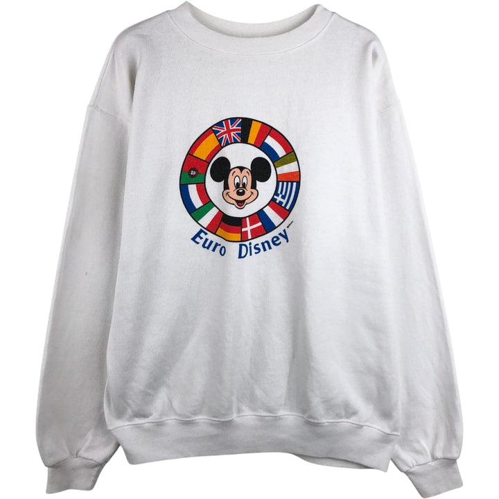 80'S Hanes Mickey Mouse Flag Pattern Character Sweatshirt, Made in USA, Men's XL equivalent, Vintage cotton white type Vintage Second Hand