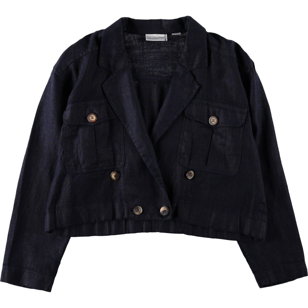 Liz Clayborne Collection Double-breasted Cropped Easy Jacket Tailored Jacket (Women's Size L) linen navy blue type Vintage Second Hand