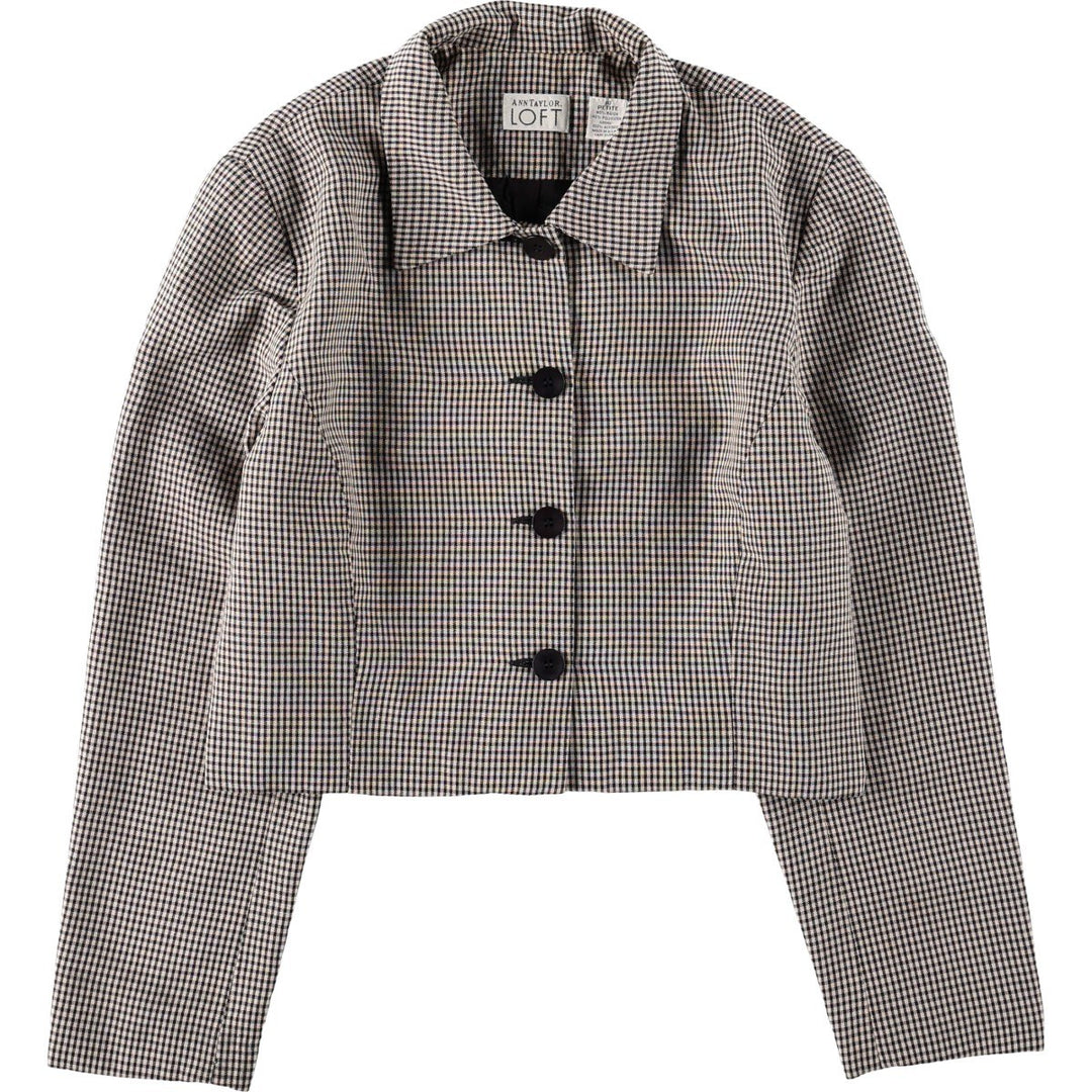 LOFT Check Pattern Gingham Check Cropped Jacket, Made in USA, Women's Size L (approx.) Rayon Beige type Vintage Second Hand