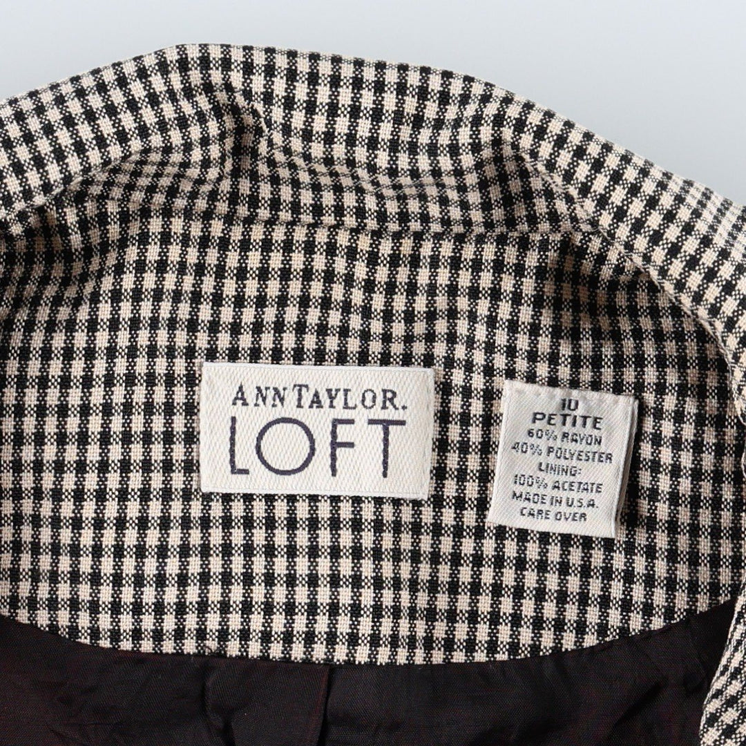 LOFT Check Pattern Gingham Check Cropped Jacket, Made in USA, Women's Size L (approx.) Rayon Beige type Vintage Second Hand