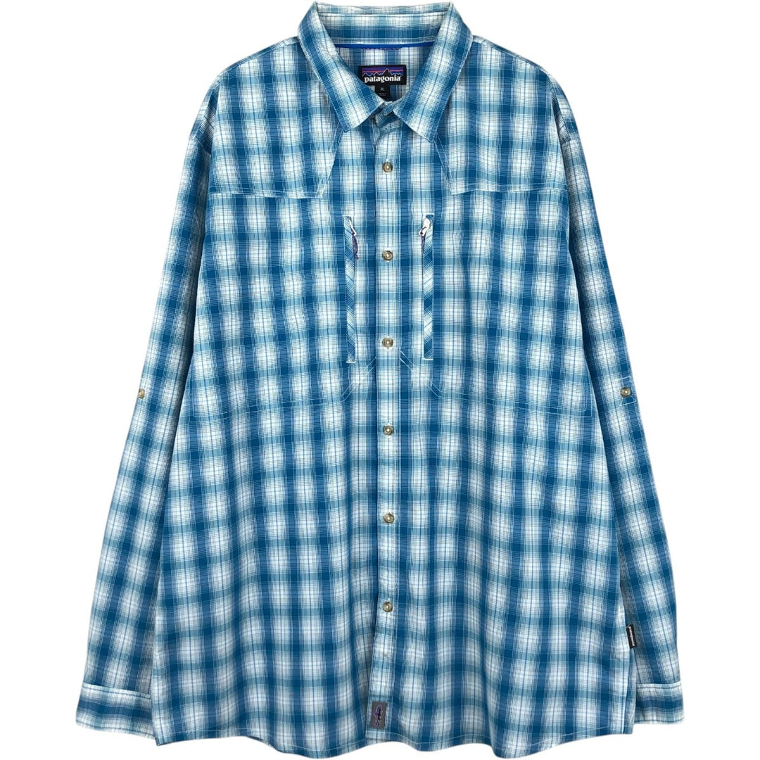 Patagonia 52196SP16 Check Pattern Long Sleeve Fishing Shirt, Men's Size XL (approx.) Nylon turquoise blue Vintage Second Hand