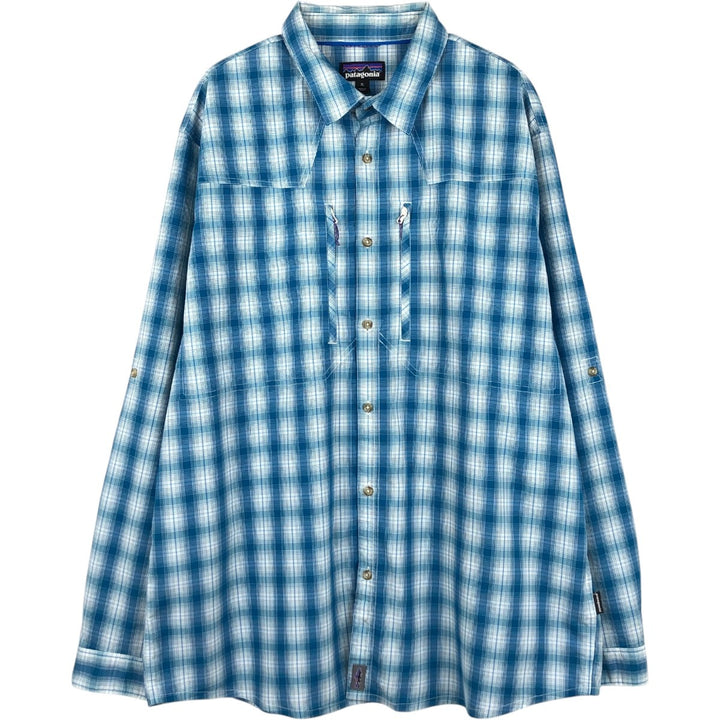 Patagonia 52196SP16 Check Pattern Long Sleeve Fishing Shirt, Men's Size XL (approx.) Nylon turquoise blue Vintage Second Hand