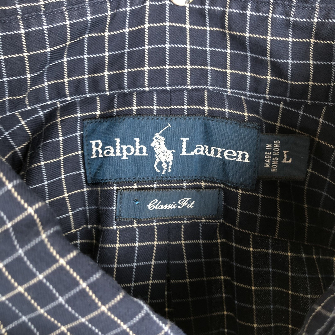 Ralph Lauren Classic Fit Long Sleeve Button Down Check Shirt, Men's Size L cotton navy blue type Vintage Second Hand