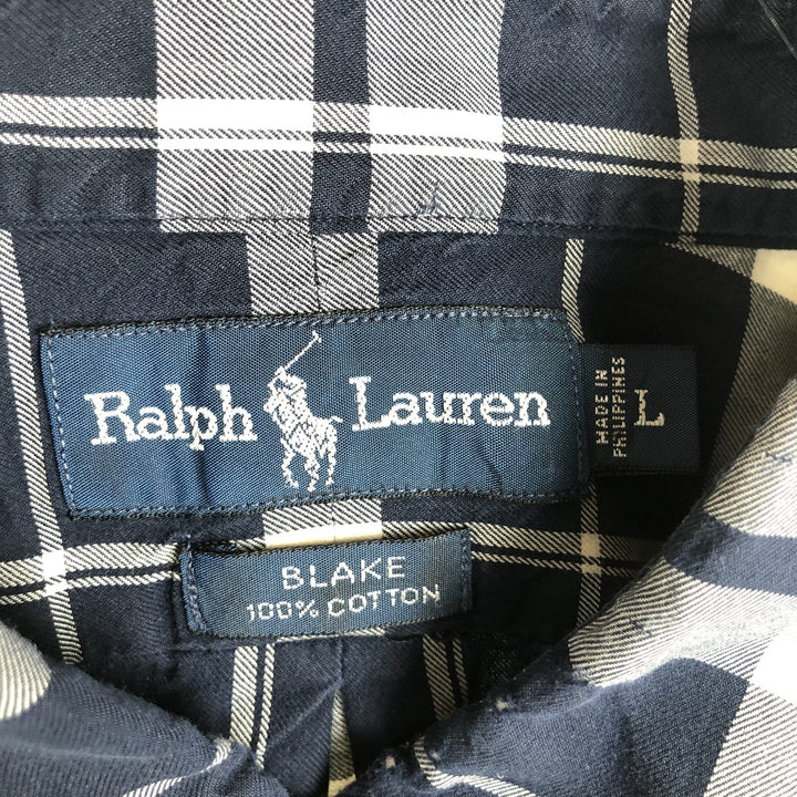 Ralph Lauren BLAKE long sleeve button down check shirt, men's size L cotton navy blue type Vintage Second Hand