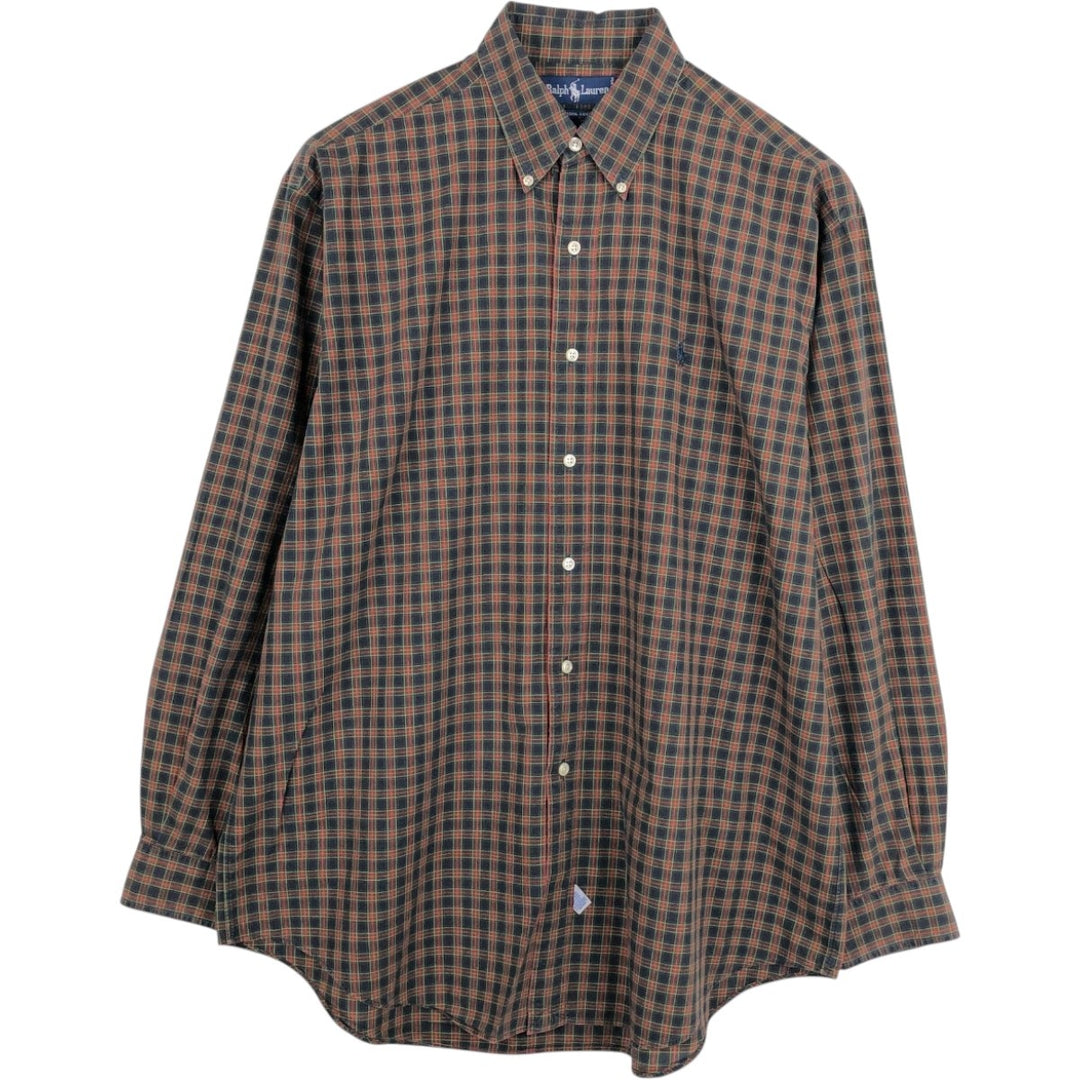 Ralph Lauren long sleeve button down check shirt, men's size L cotton navy blue type Vintage Second Hand