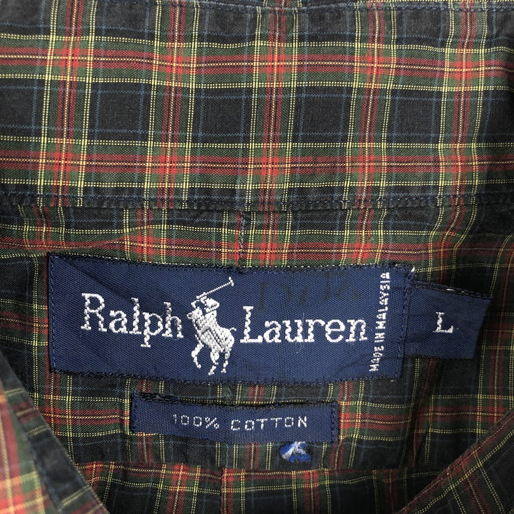 Ralph Lauren long sleeve button down check shirt, men's size L cotton navy blue type Vintage Second Hand