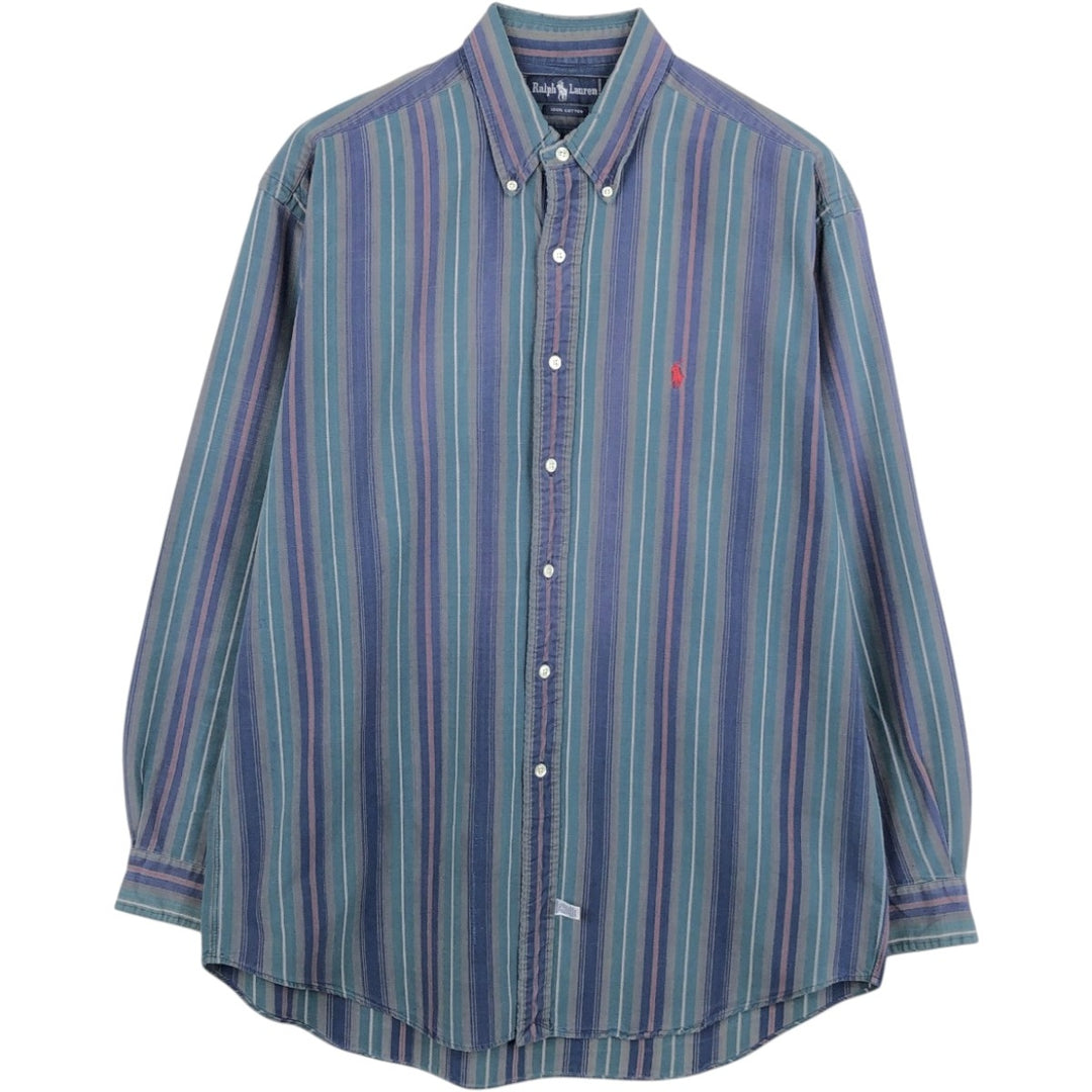 Ralph Lauren Multi-Stripe Long Sleeve Button-Down Striped Shirt, Men's Size L cotton navy blue type Vintage Second Hand