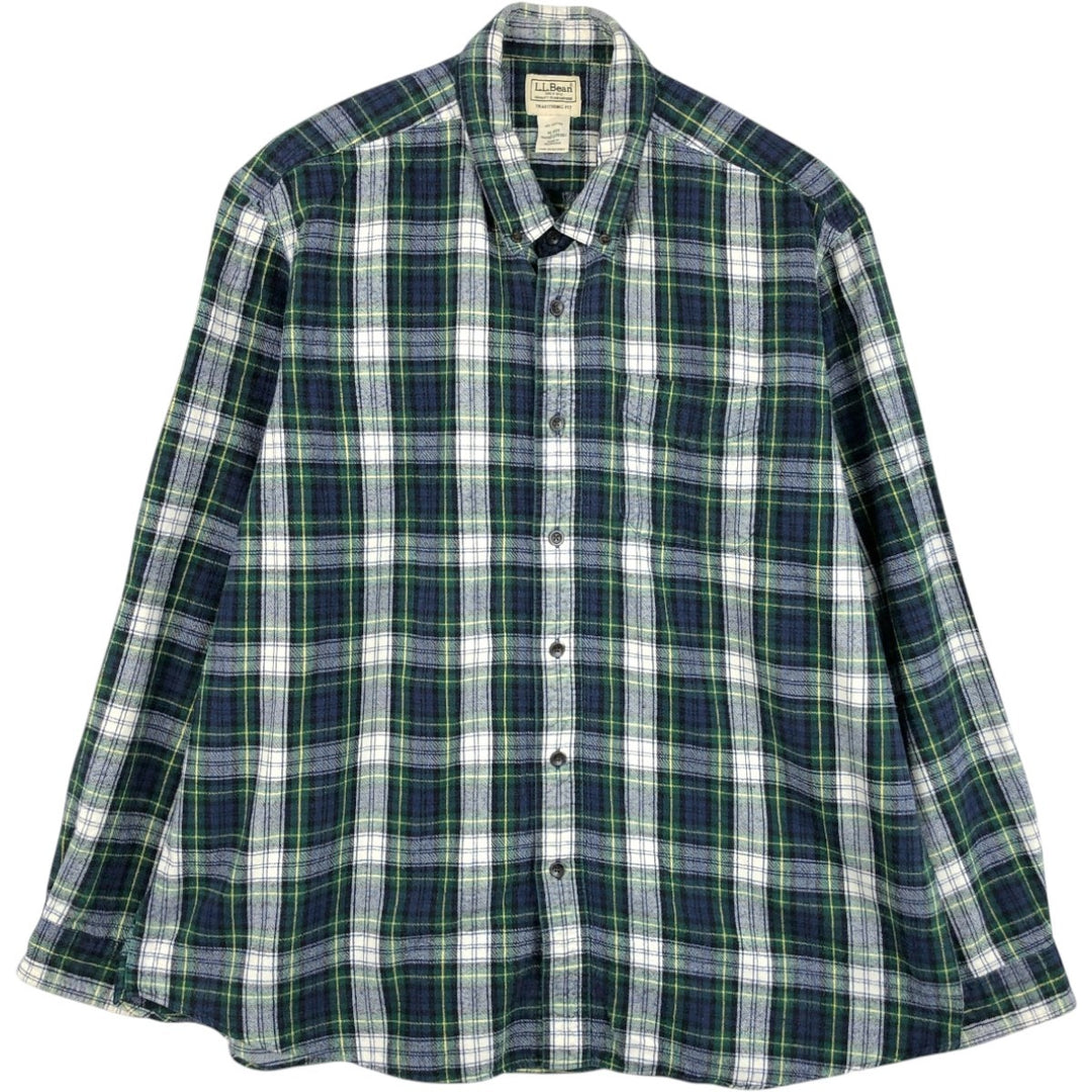 90s-00'S LLBean Long-Sleeve Button-Down Flannel Check Shirt, Men's Size XL (Equivalent), Vintage cotton green type Vintage Second Hand