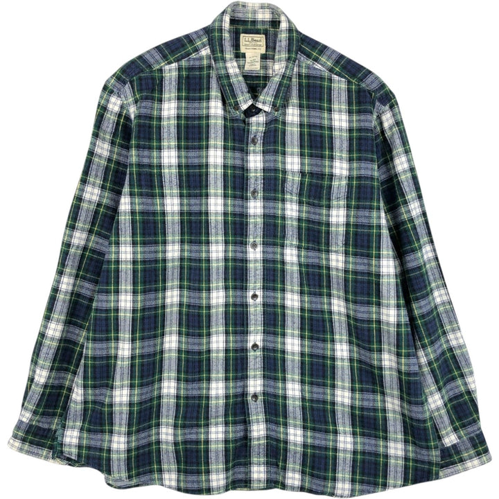 90s-00'S LLBean Long-Sleeve Button-Down Flannel Check Shirt, Men's Size XL (Equivalent), Vintage cotton green type Vintage Second Hand