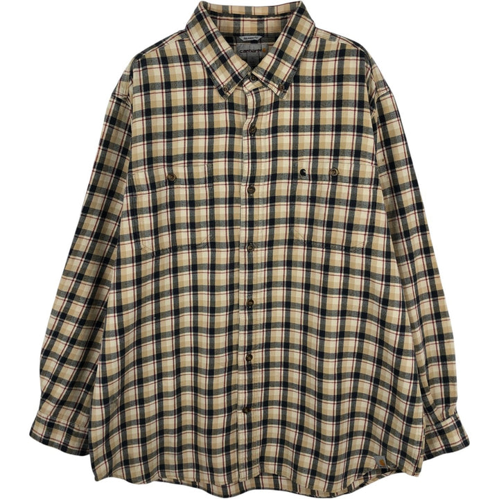 Carhartt Relaxed Fit Long Sleeve Button-Down Light Flannel Check Shirt, Men's Size XL cotton Beige type Vintage Second Hand