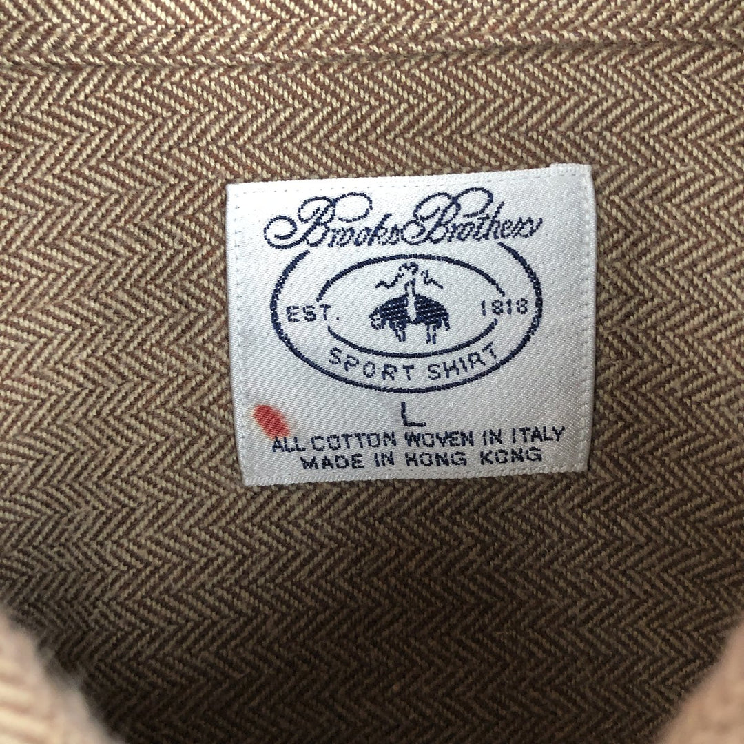 Brooks Brothers Est.1818 Herringbone Pattern Long-Sleeve Button-Down Light Flannel Check Shirt, Men's Size L (approx.) cotton beige type brown Vintage Second Hand