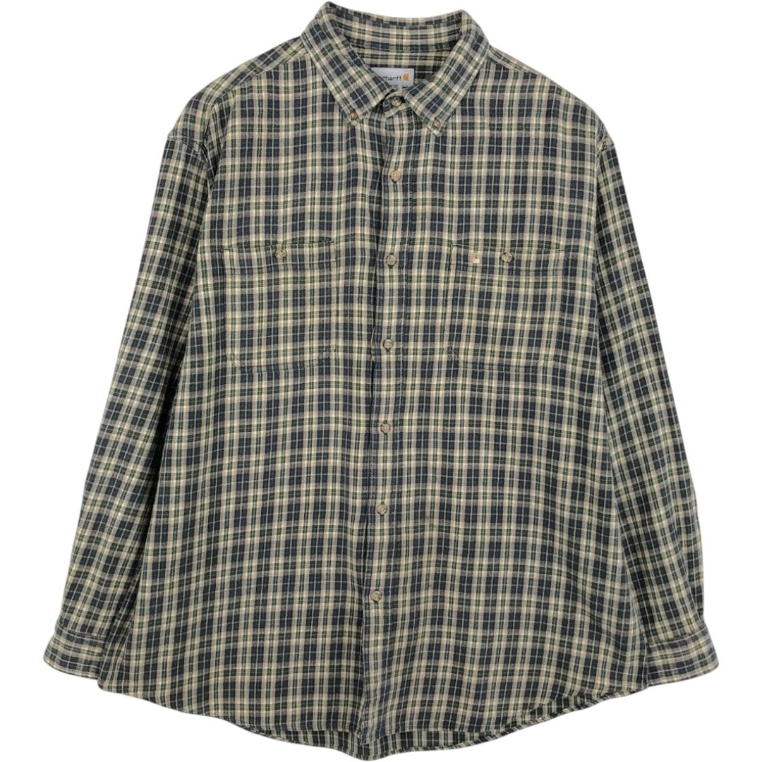 Carhartt Check Pattern Long Sleeve Button-Down Flannel Shirt, Men's XXL (approx.) cotton Beige type Vintage Second Hand