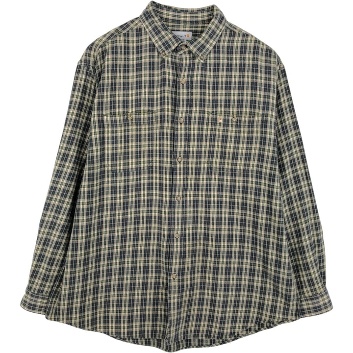 Carhartt Check Pattern Long Sleeve Button-Down Flannel Shirt, Men's XXL (approx.) cotton Beige type Vintage Second Hand