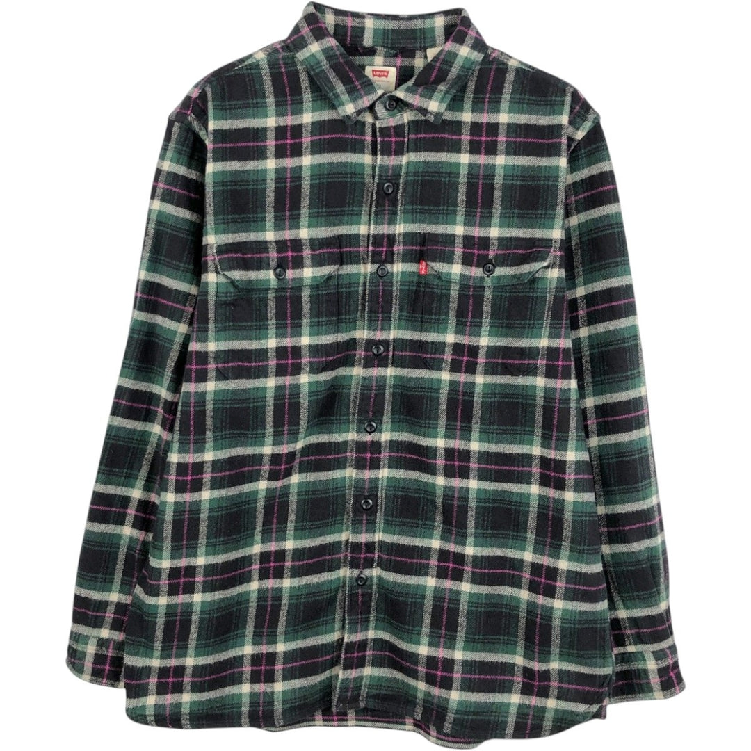 Levi's long-sleeved flannel check shirt, size M, men's cotton green type Vintage Second Hand
