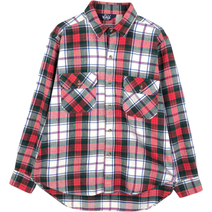 1980'S Woolrich Long-Sleeve Light Flannel Check Shirt, Made in USA, Men's Size L (Equivalent), Vintage cotton red type Vintage Second Hand