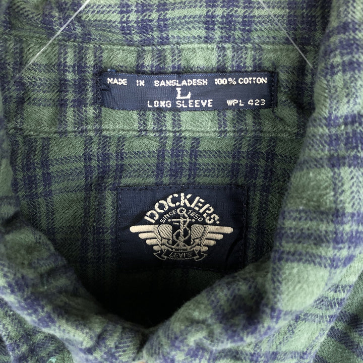 90'S Dockers/Levi's Long-Sleeve Button-Down Light Flannel Check Shirt, Men's Size L (Equivalent), Vintage cotton Green type dark green Vintage Second Hand