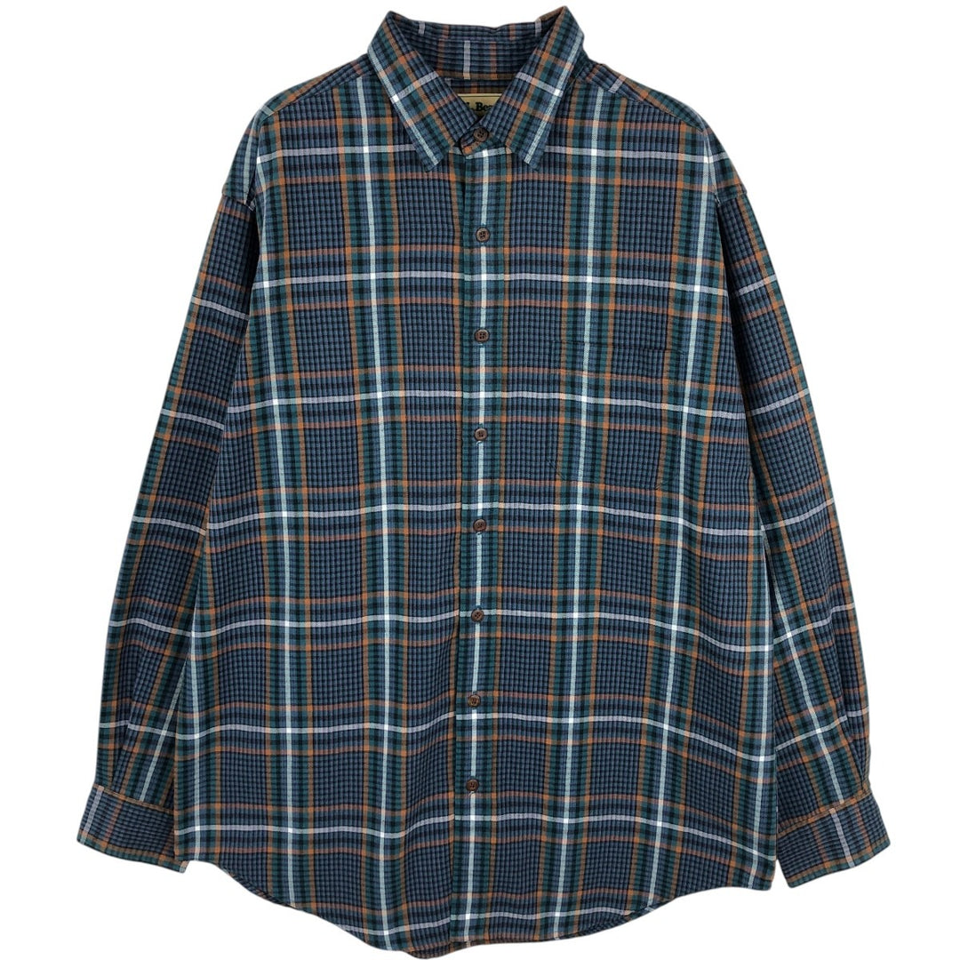 1980'S LLBean Long-Sleeve Light Flannel Check Shirt, Men's Size L (approx.), Vintage cotton navy blue type Vintage Second Hand