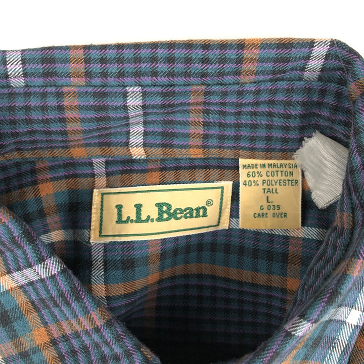 1980'S LLBean Long-Sleeve Light Flannel Check Shirt, Men's Size L (approx.), Vintage cotton navy blue type Vintage Second Hand