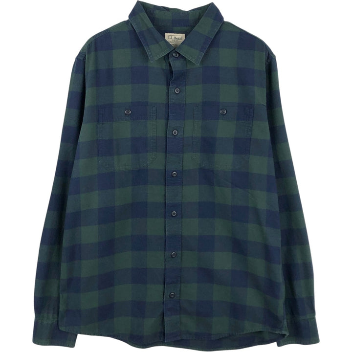 LLBean SLIGHTLY FITTED Long-Sleeve Light Flannel Check Shirt, Men's Size M (approx.) cotton Green type dark green Vintage Second Hand